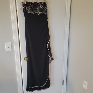 Black, gold, lace evening gown